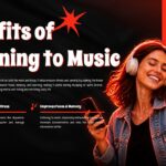 World Music Day Template - Benefits slide with happy woman wearing headphones showing positive effects