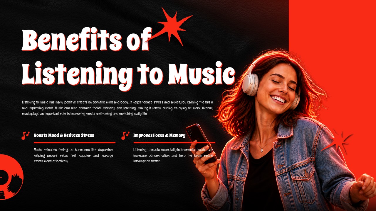 World Music Day Template - Benefits slide with happy woman wearing headphones showing positive effects