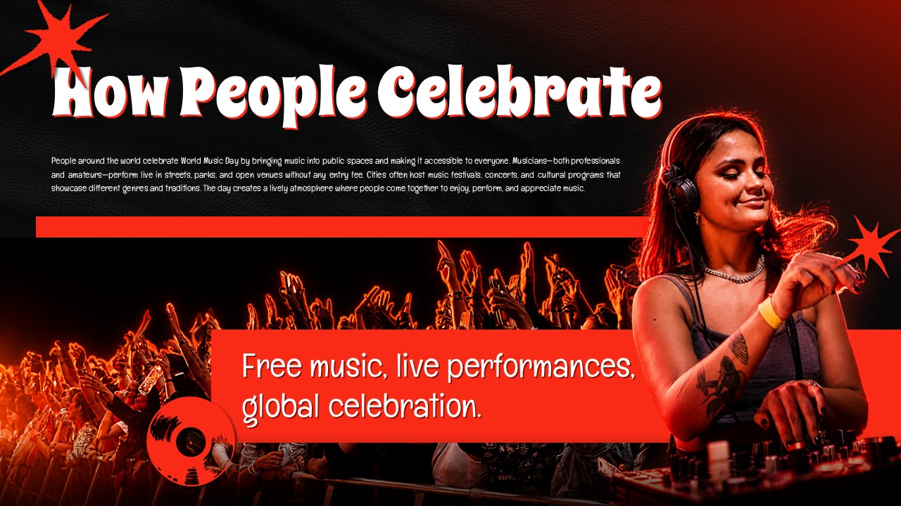 World Music Day Template - Celebration slide showing female performer on stage with energetic crowd