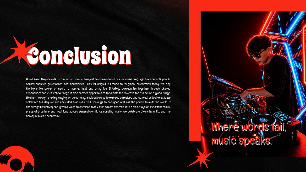 World Music Day Template - Conclusion slide with DJ equipment and inspirational music quote