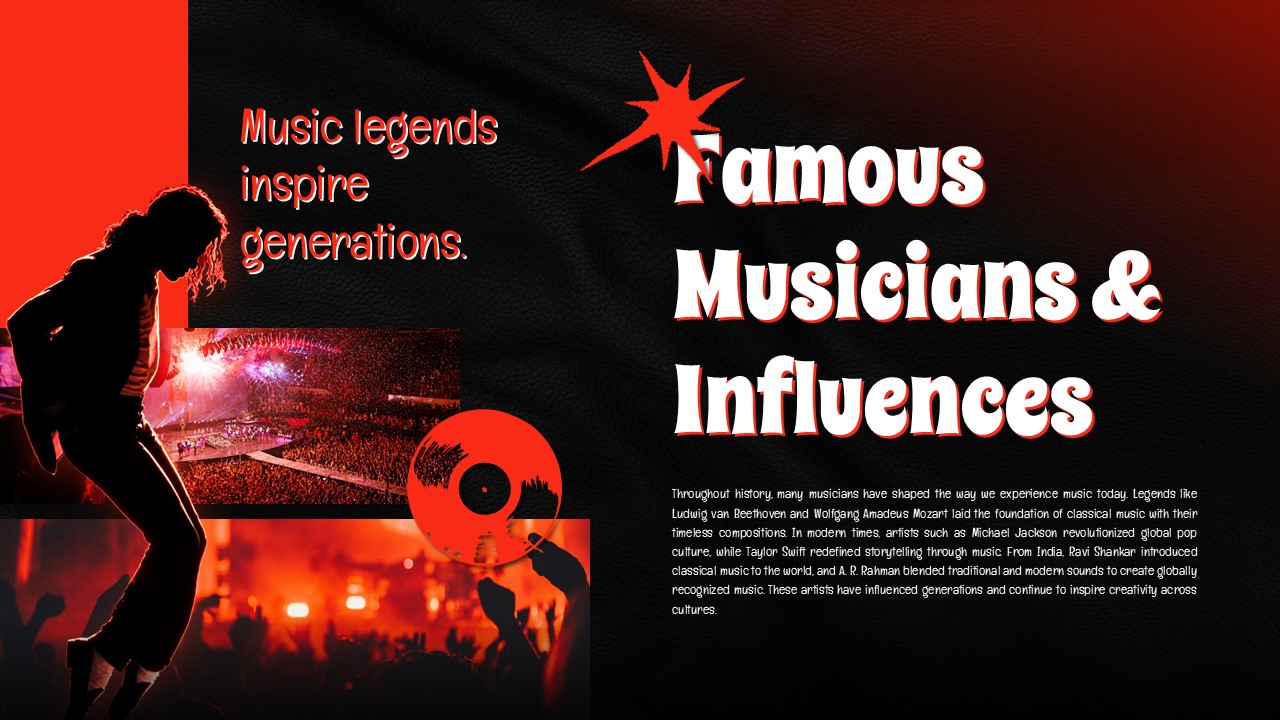 World Music Day Template - Famous musicians slide with large concert venue and crowd imagery