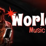 World Music Day Template - Title slide with performer holding vintage microphone on atmospheric background