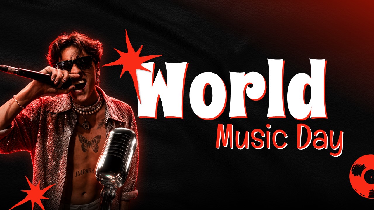 World Music Day Template - Title slide with performer holding vintage microphone on atmospheric background