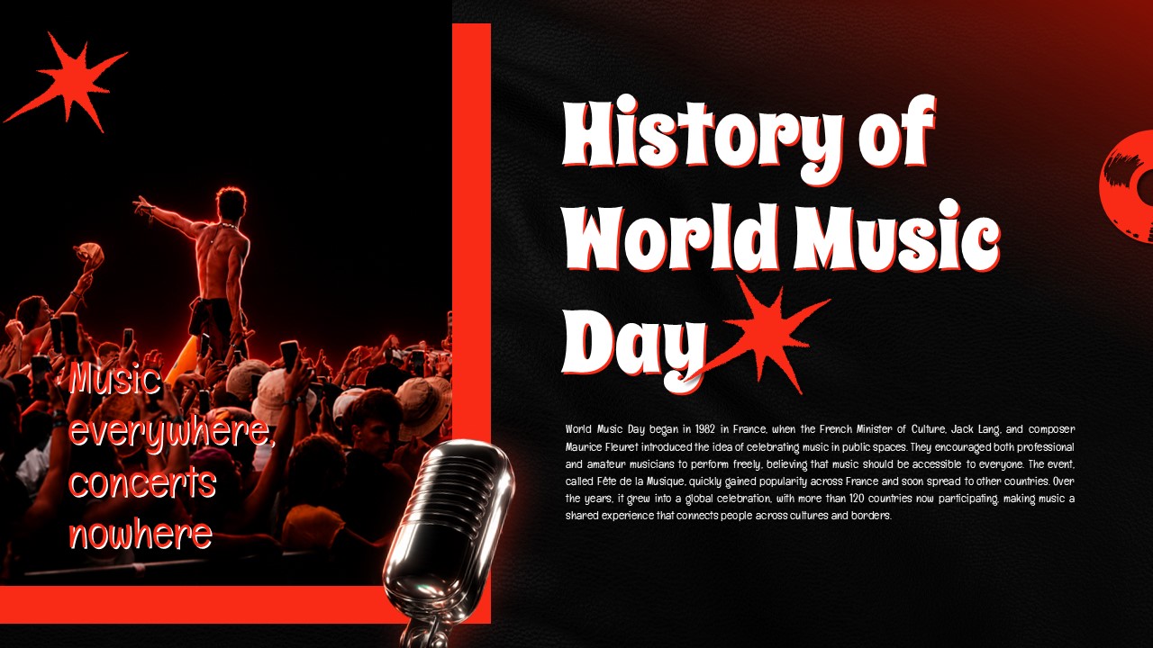 World Music Day Template - History slide with concert crowd and vintage microphone design elements