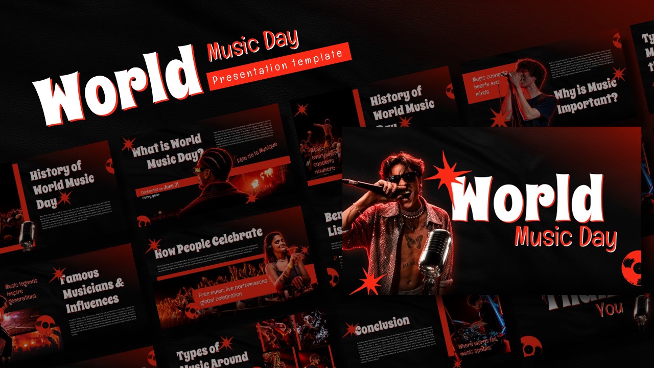 World Music Day Template - Dynamic cover slide with red and black design showcasing presentation preview