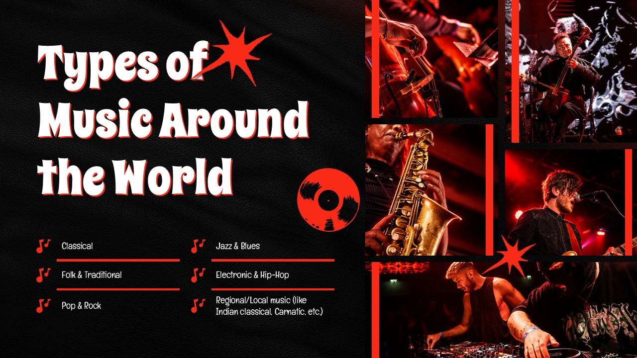 World Music Day Template - Music types slide displaying various genres with performance photography grid