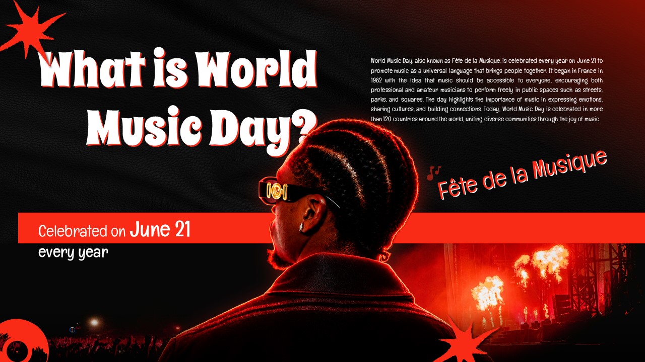 World Music Day Template - Overview slide explaining celebration on June 21 with DJ silhouette imagery