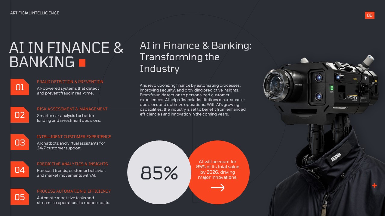 AI Finance Applications - Dark professional slide detailing five banking use cases with 85% success statistic and robot imagery