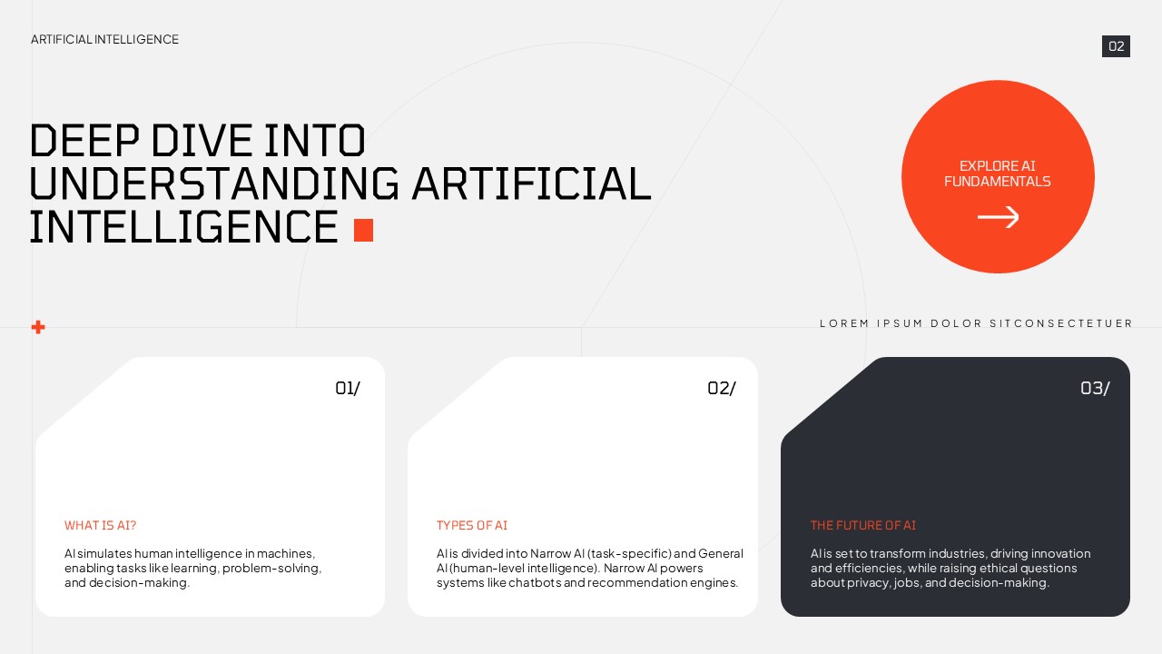 AI Fundamentals Overview - Clean navigation slide with three numbered sections and prominent orange exploration button