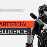 AI Presentation Template - Bold title slide featuring striking robot portrait with orange 'ARTIFICIAL' text on dark background