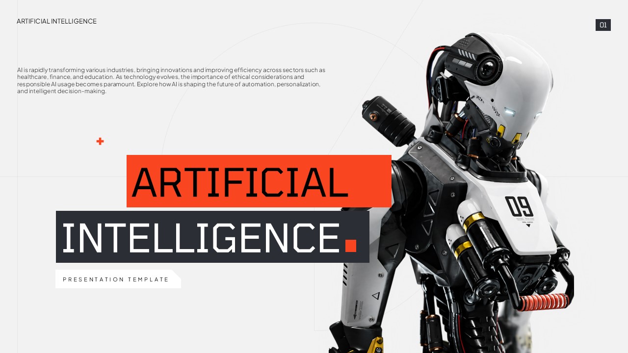 AI Presentation Template - Bold title slide featuring striking robot portrait with orange 'ARTIFICIAL' text on dark background