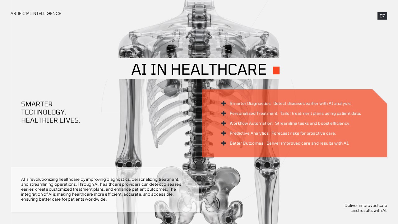 AI Healthcare Technology - Medical-themed slide with anatomical imagery showcasing five smart healthcare benefits and automation