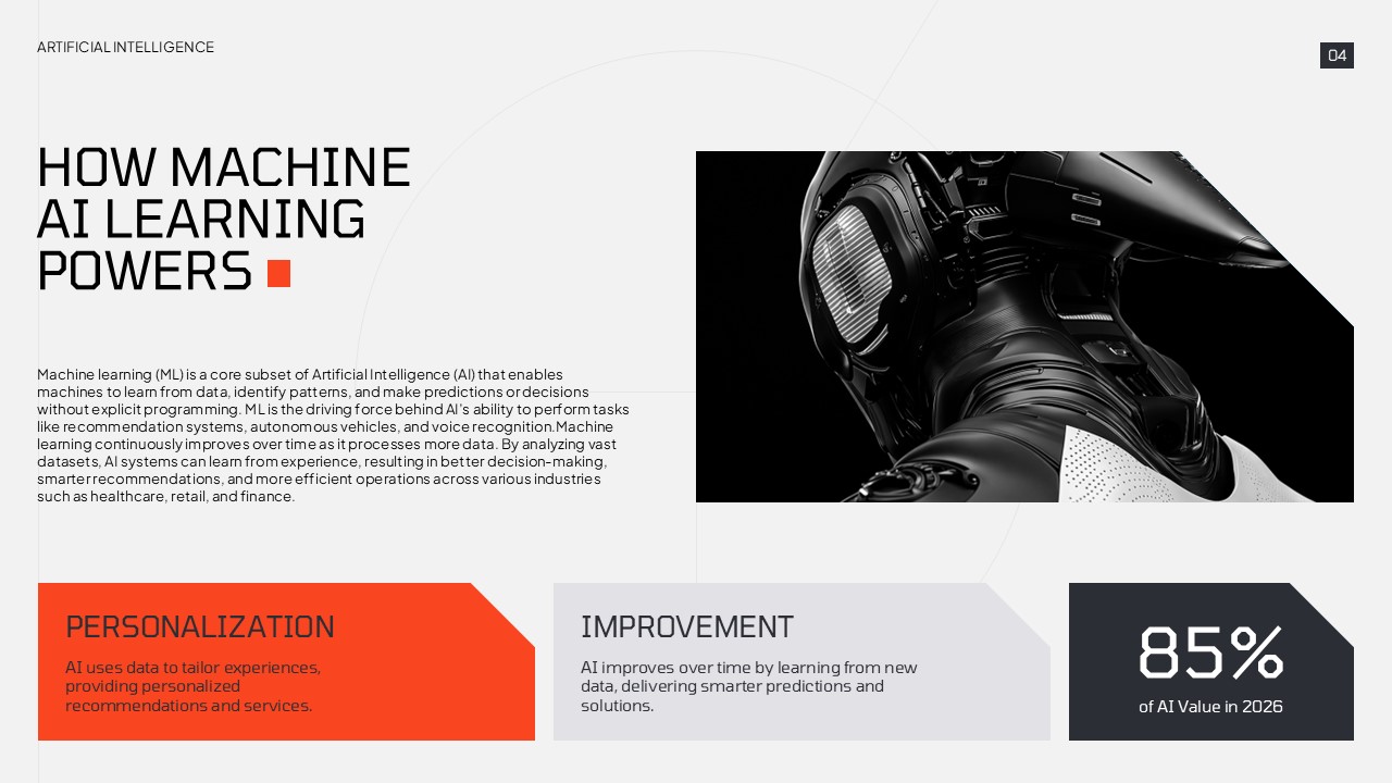 Machine Learning Benefits - Split layout balancing explanatory content with mechanical imagery and highlighted feature blocks