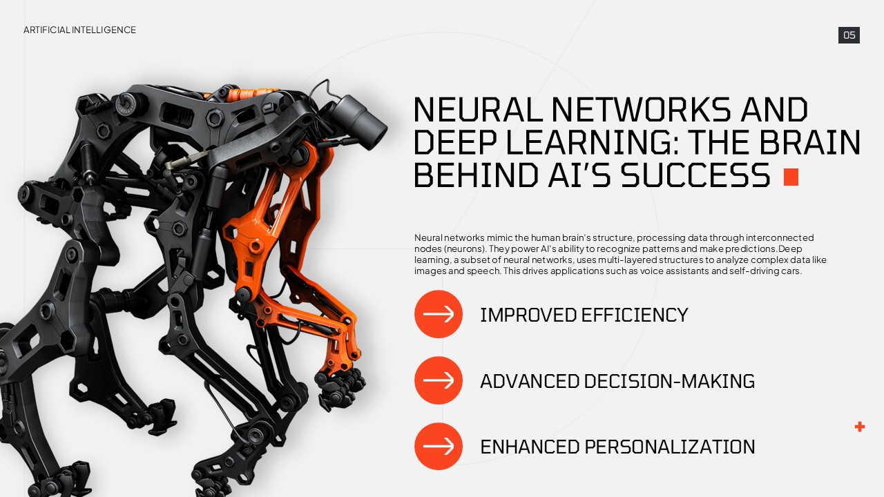 Neural Networks Features - Dynamic robotic dog image paired with three orange-highlighted AI capability benefits