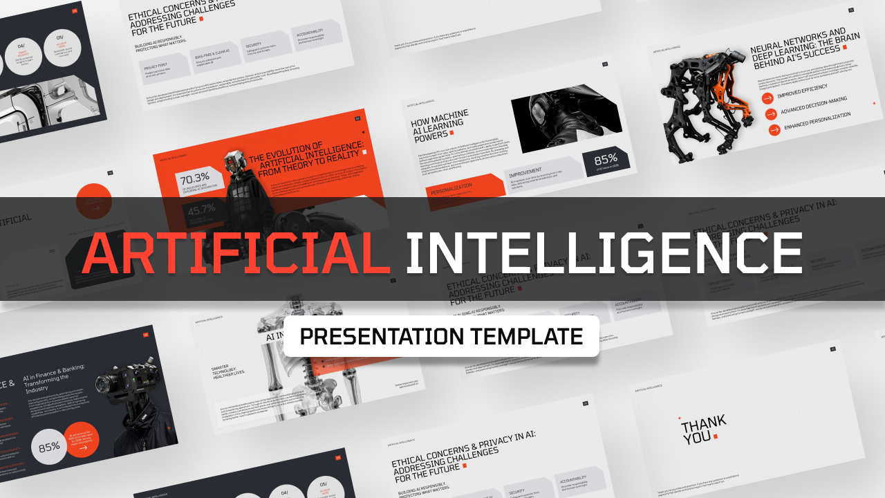 AI Presentation Template - Comprehensive slide overview showcasing modern tech design with robot imagery and orange accents