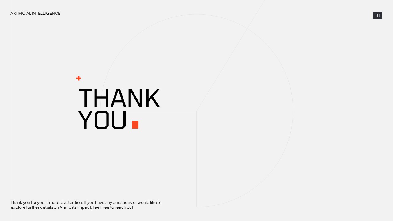 AI Thank You Template - Minimalist closing slide with large typography and orange accent creating professional presentation ending