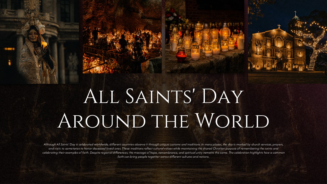 All Saints Day Template - global celebrations slide with four cultural celebration photos in horizontal gallery