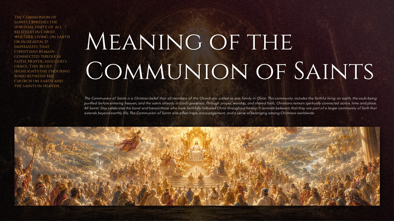 All Saints Day Template - communion of saints slide with panoramic religious artwork and theological text
