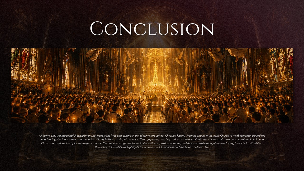 All Saints Day Template - conclusion slide with grand cathedral interior and candlelit ceremony artwork