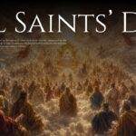 All Saints Day Template - introduction slide with centered title and classical religious artwork background