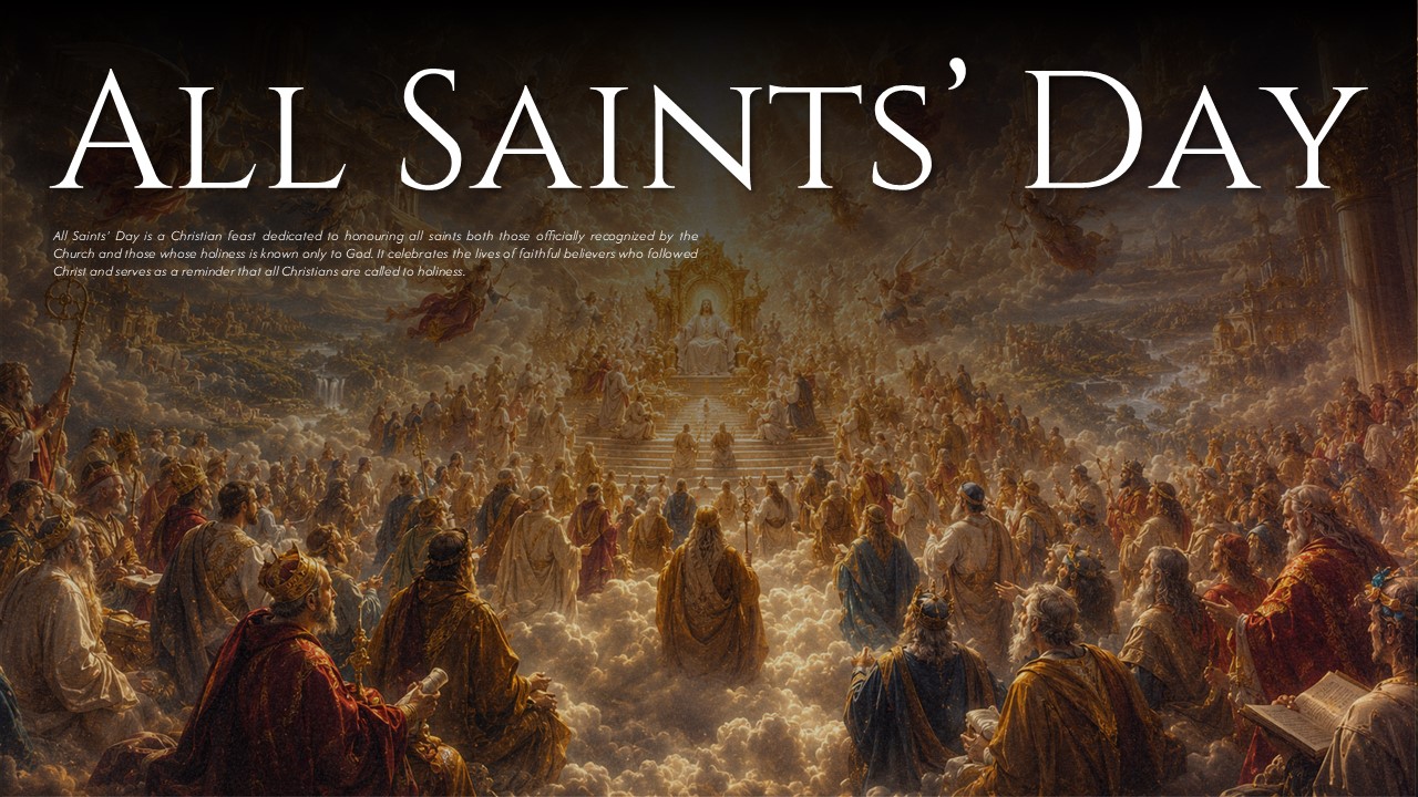 All Saints Day Template - introduction slide with centered title and classical religious artwork background