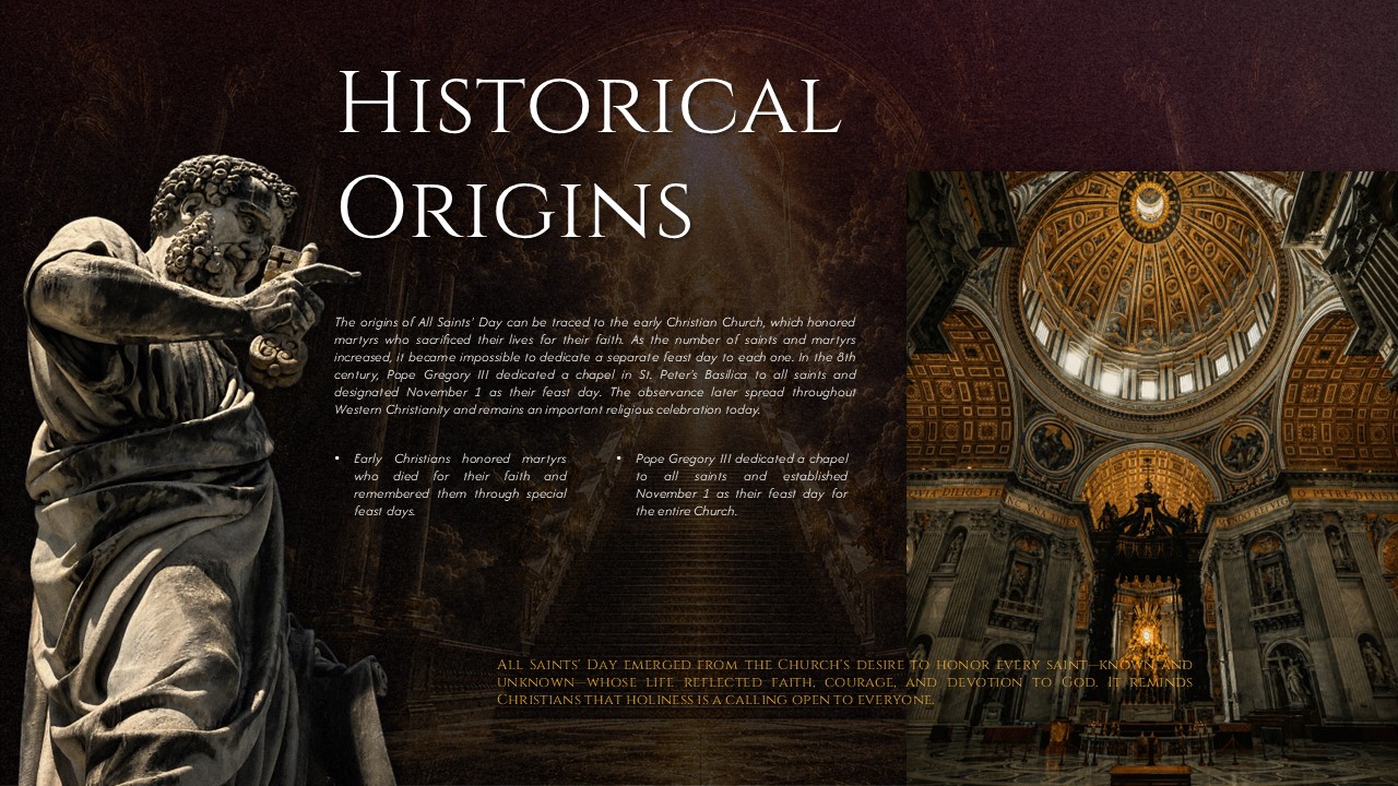 All Saints Day Template - historical origins slide with classical statue and church interior architecture