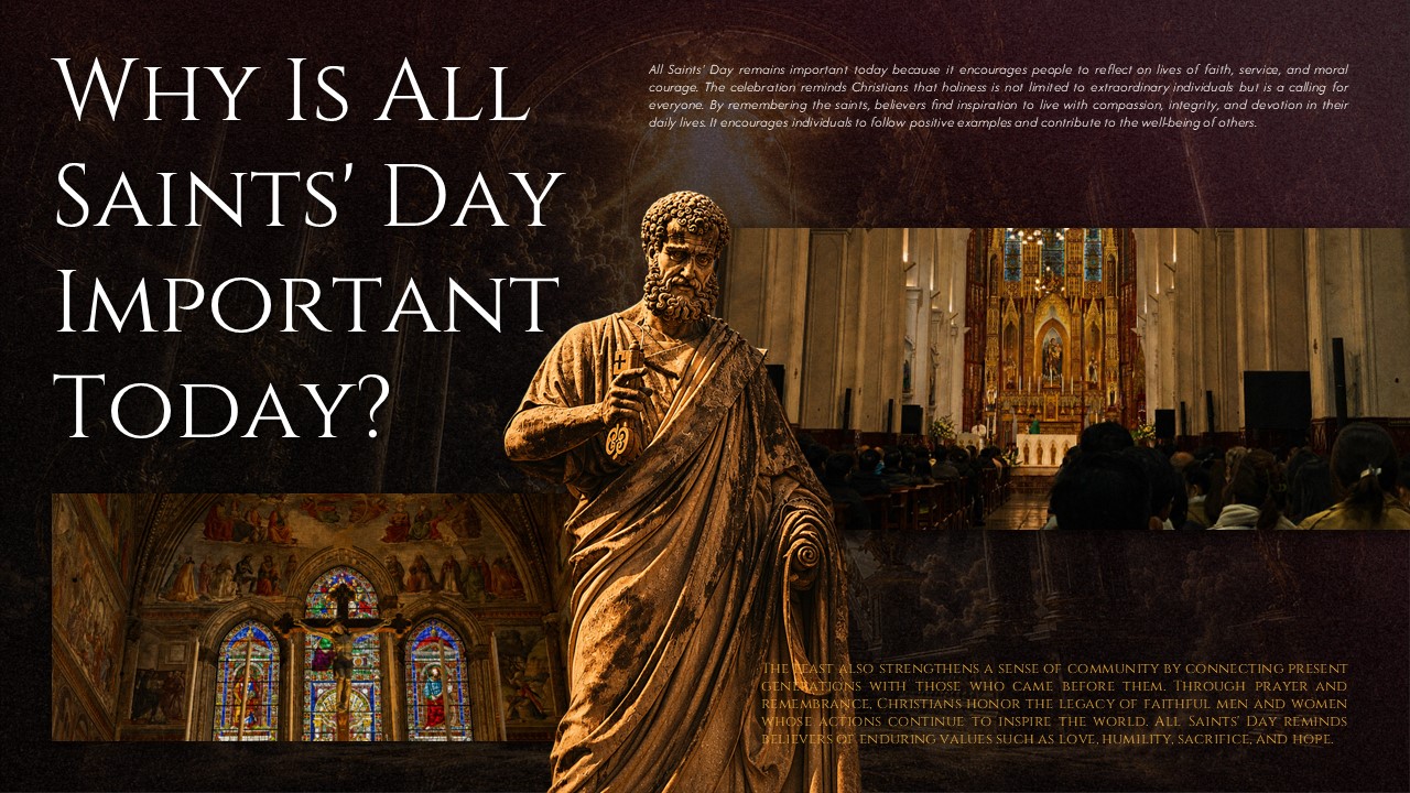 All Saints Day Template - modern relevance slide with classical statue and stained glass church background