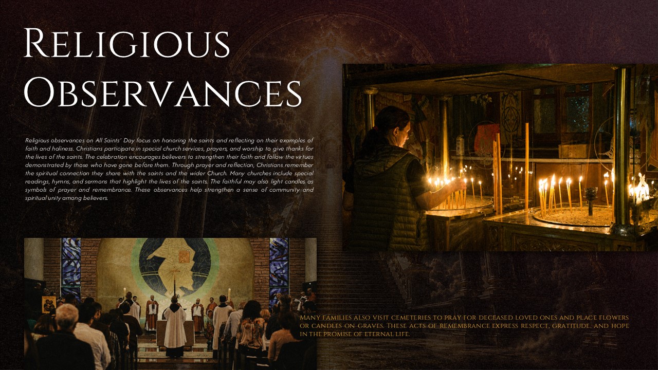 All Saints Day Template - religious practices slide with church service photos and candlelight scenes