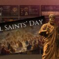 All Saints Day Template - overview slide with grid layout showing content sections and classical statue element