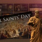 All Saints Day Template - overview slide with grid layout showing content sections and classical statue element