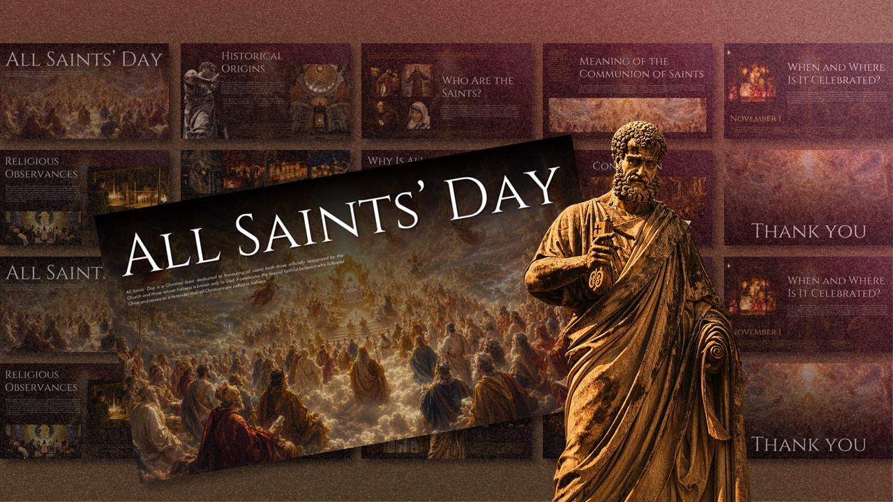 All Saints Day Template - overview slide with grid layout showing content sections and classical statue element