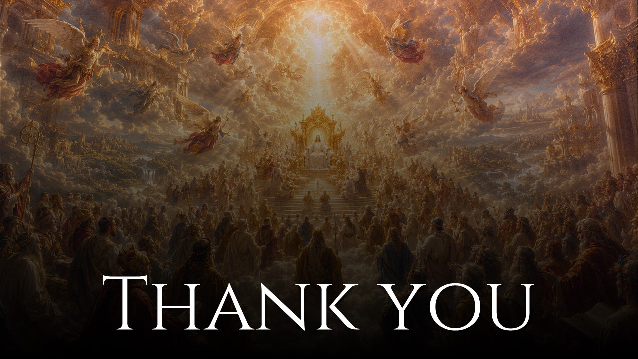All Saints Day Template - thank you slide with classical heavenly scene artwork and clean white typography