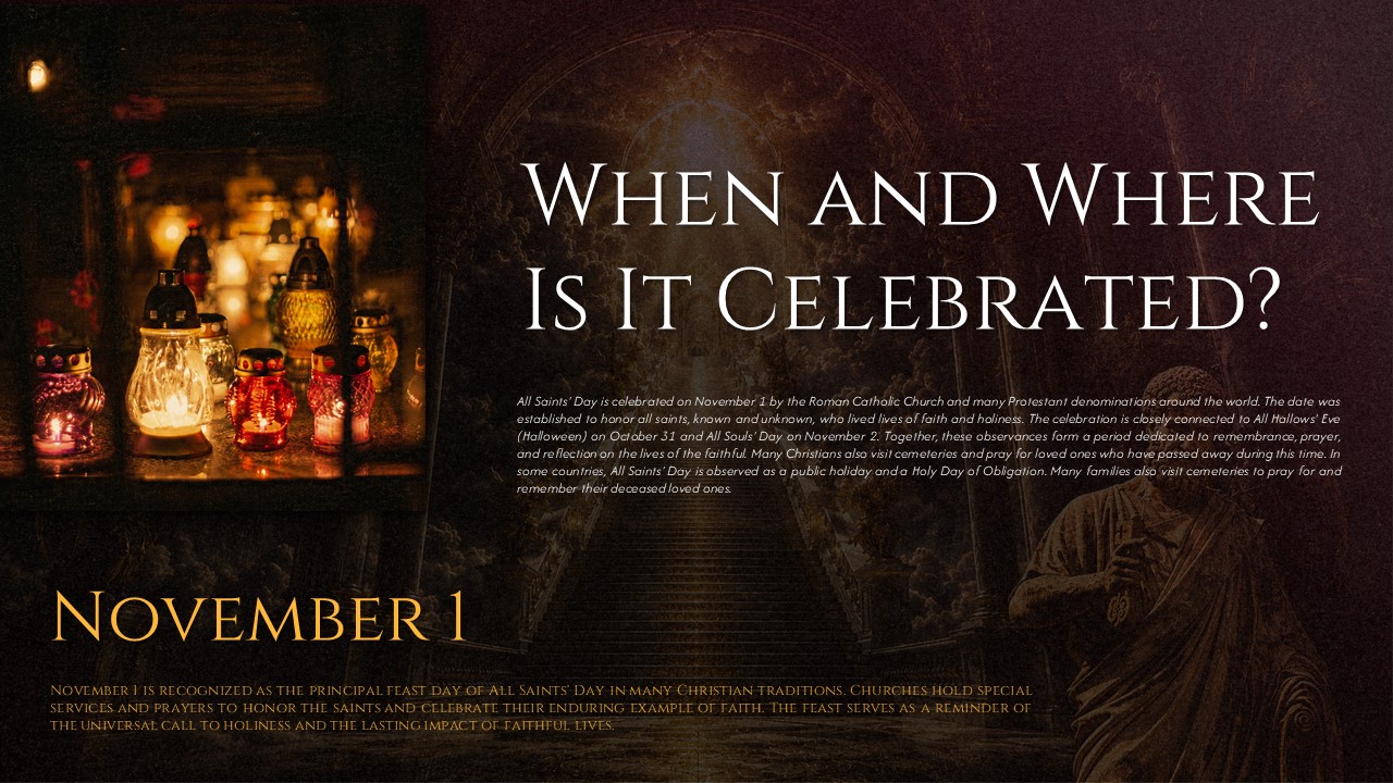 All Saints Day Template - celebration timing slide with candlelight imagery and November 1 date highlight