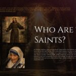 All Saints Day Template - saints definition slide with four religious portrait gallery and explanatory text