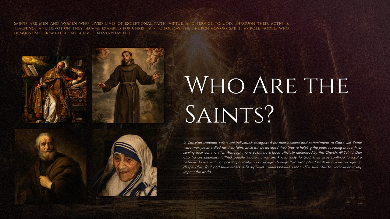 All Saints Day Template - saints definition slide with four religious portrait gallery and explanatory text