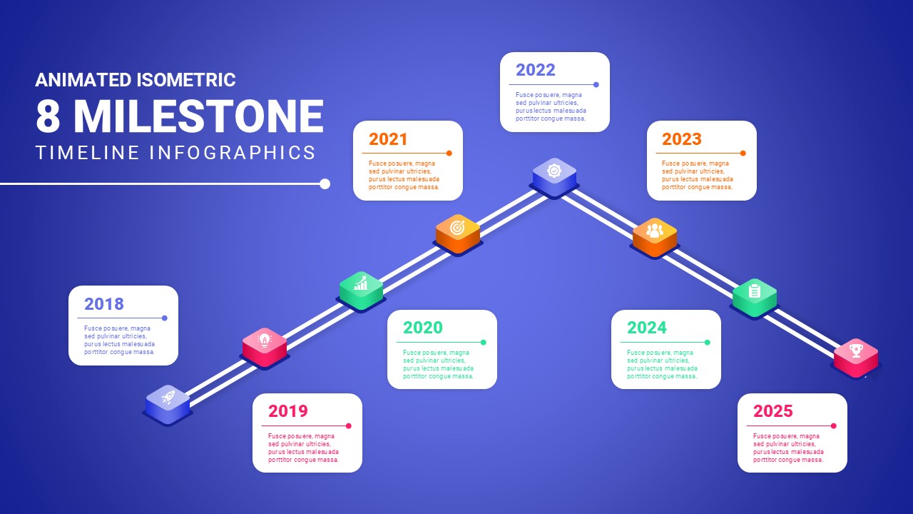 Animated Isometric 8 Milestones Timeline Template - zigzag pathway with colorful 3D cubes and year markers 2018-2025