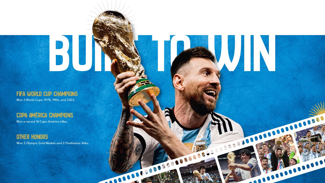 Argentina Achievements Template - Built To Win slide featuring World Cup, Copa América, and Olympic titles with Messi photo