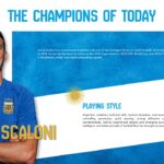 Argentina Coach Template - Lionel Scaloni profile slide with bio paragraph and playing style section on split layout