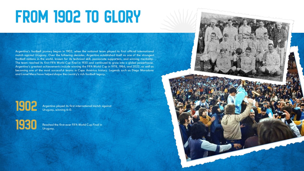 Argentina Football History Template - Timeline slide with 1902 and 1930 milestones and vintage polaroid photos