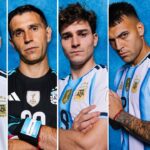 Argentina Key Players Template - Five-column squad roster slide with player portrait photos in official albiceleste kit