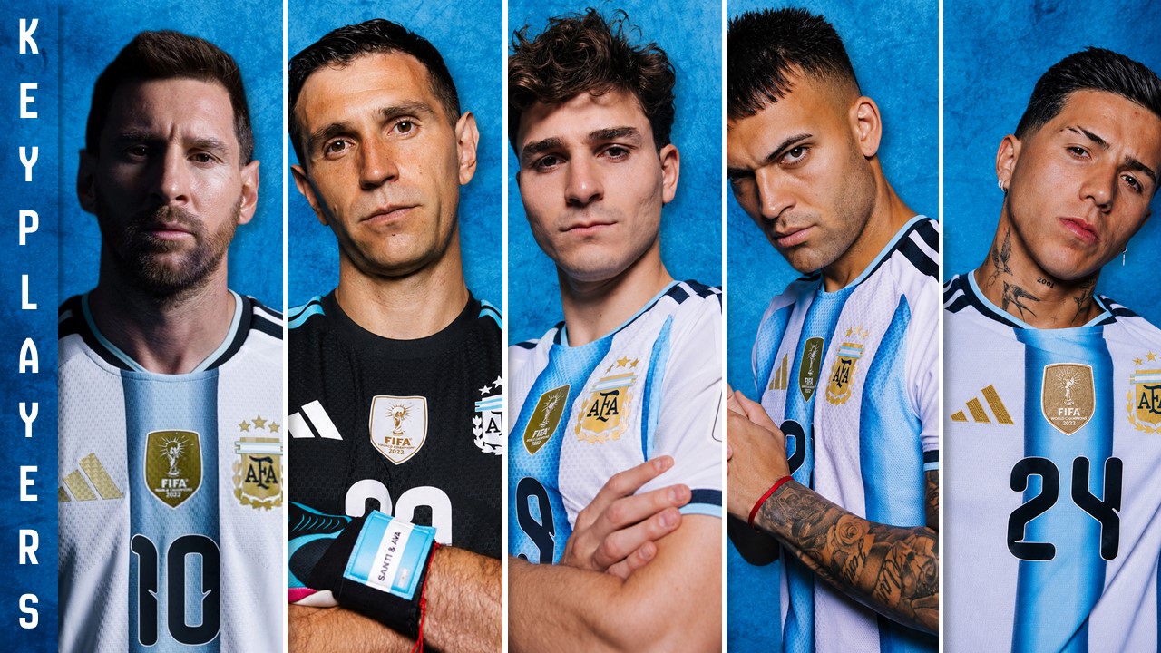 Argentina Key Players Template - Five-column squad roster slide with player portrait photos in official albiceleste kit