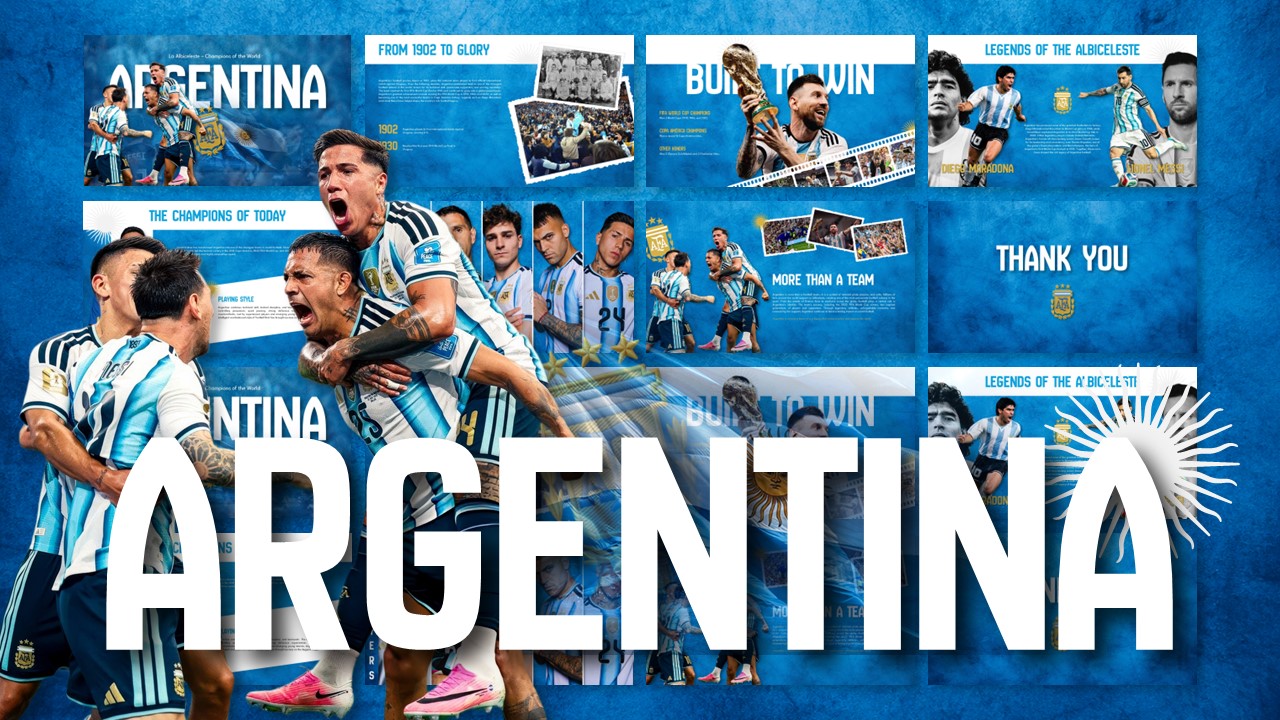 Argentina Template - Collage preview of all 9 slides with bold ARGENTINA text and albiceleste blue and white design