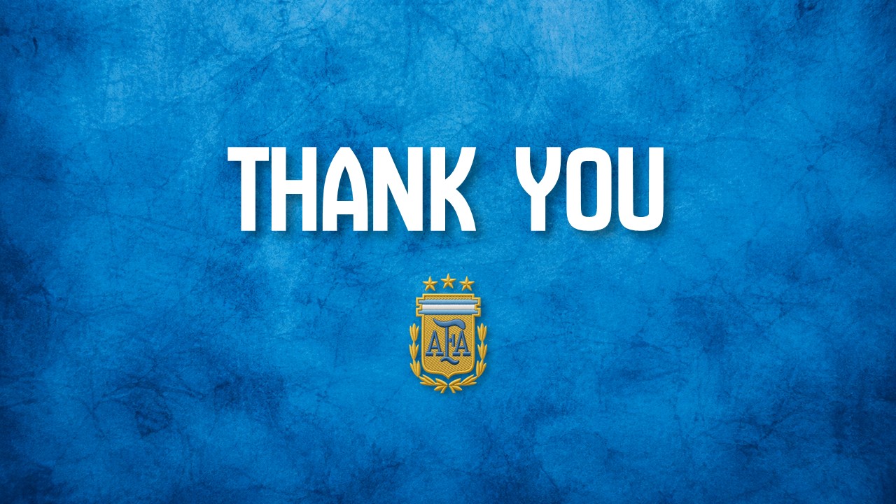 Argentina Thank You Template - Minimalist closing slide with bold white THANK YOU text and AFA crest on blue background