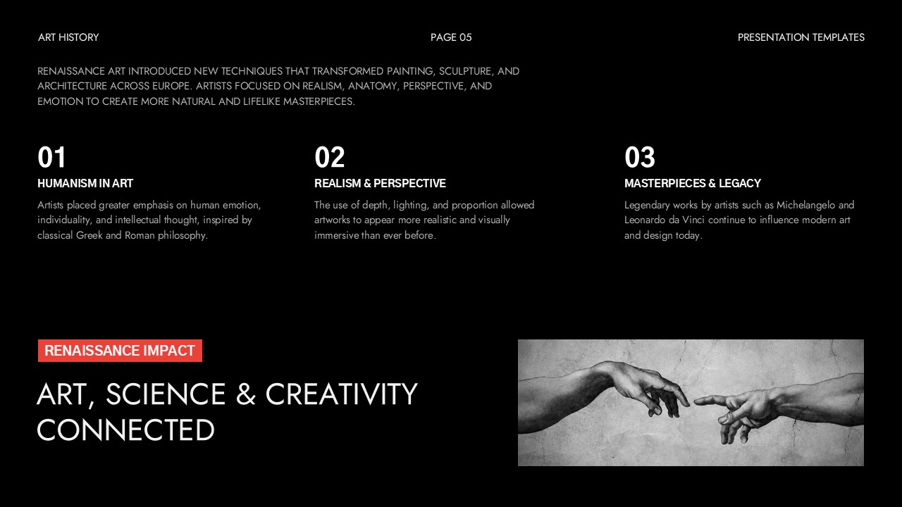 Art History Template - Three-column slide to break down Renaissance humanism, perspective, and masterpieces