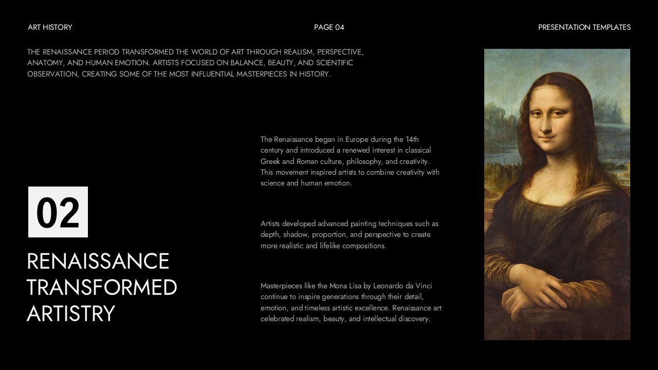 Art History Template - Renaissance section slide to explore the Mona Lisa and Leonardo da Vinci's legacy