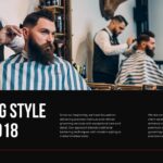 Barber Shop Brand History Template - full-bleed barbershop photo with split dual-column text below on black
