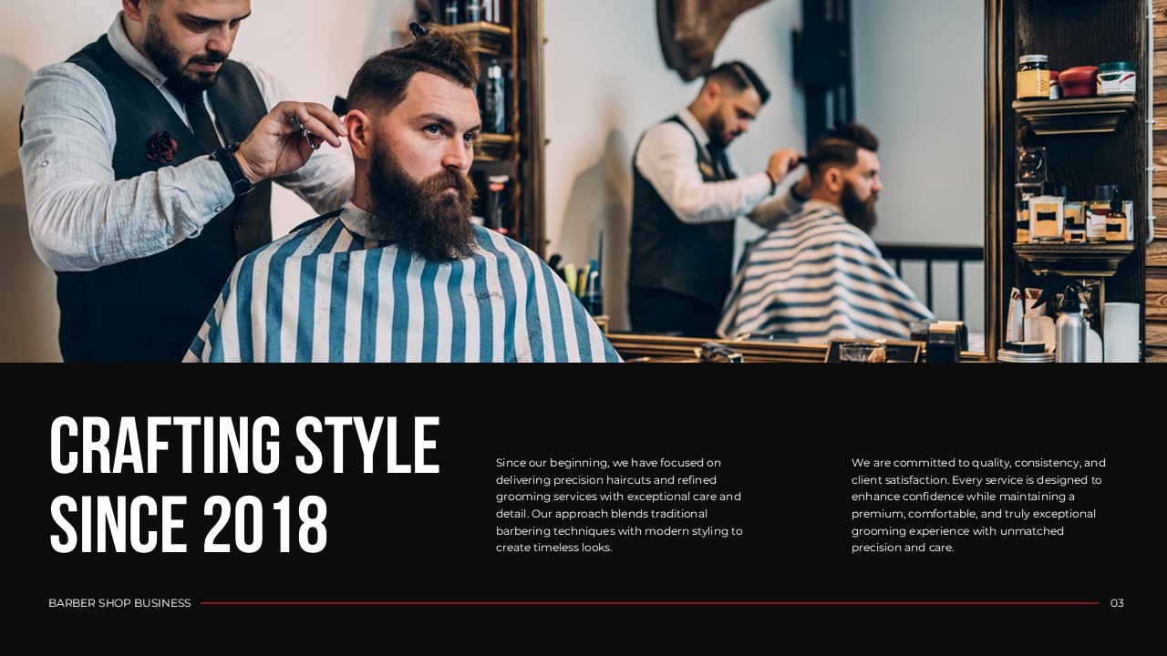Barber Shop Brand History Template - full-bleed barbershop photo with split dual-column text below on black