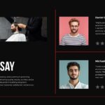 Barber Shop Testimonials Template - split slide with two client review blocks featuring star ratings and portrait photos