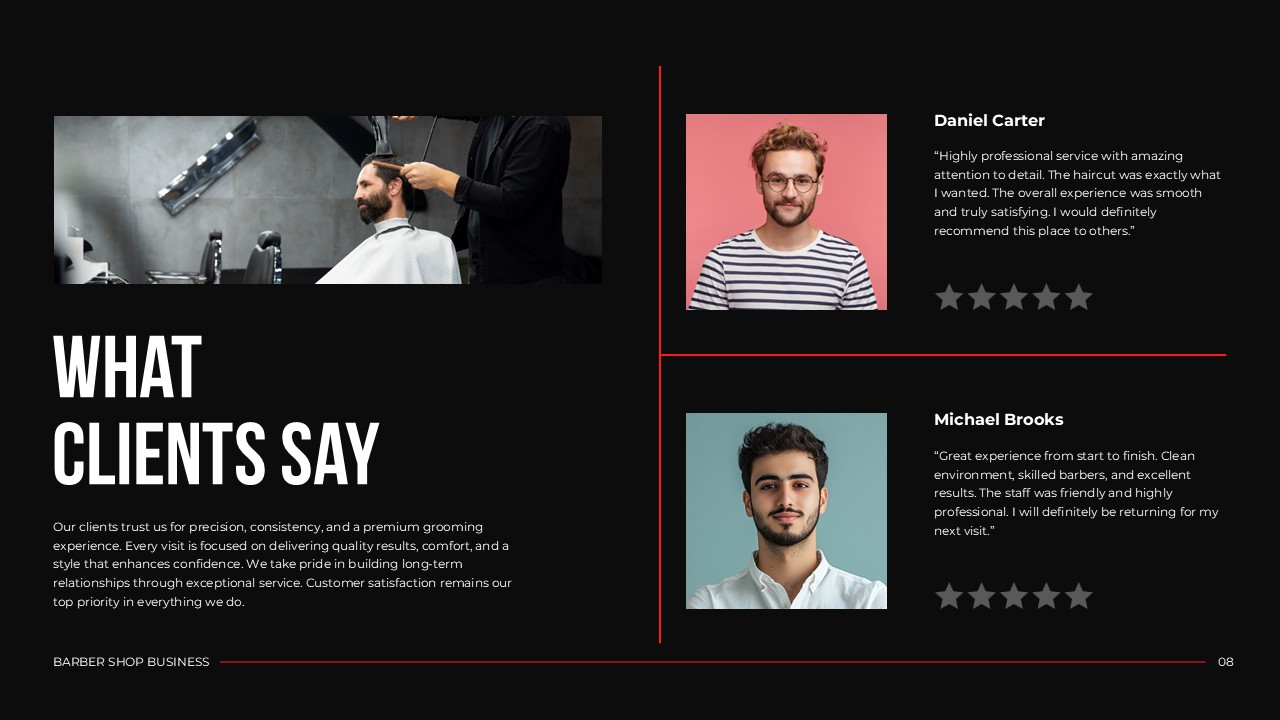 Barber Shop Testimonials Template - split slide with two client review blocks featuring star ratings and portrait photos