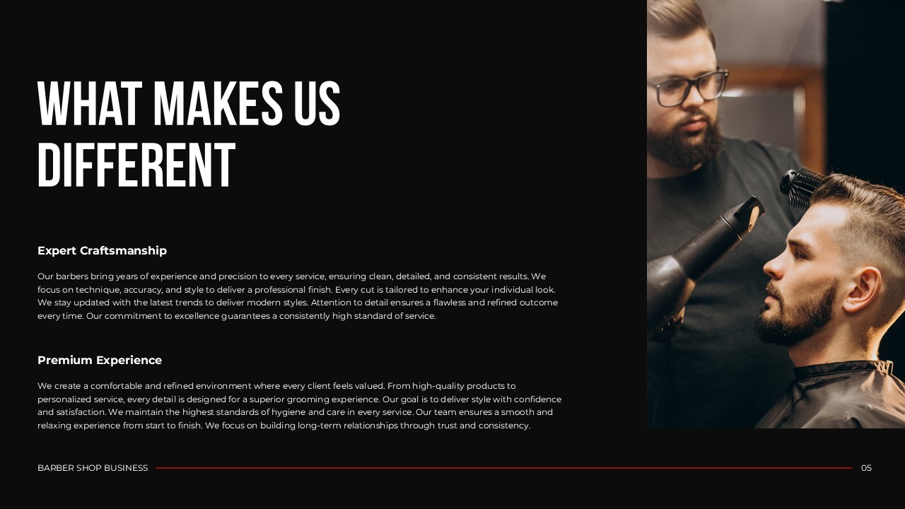 Barber Shop Differentiation Template - two-column slide with Expert Craftsmanship and Premium Experience sections